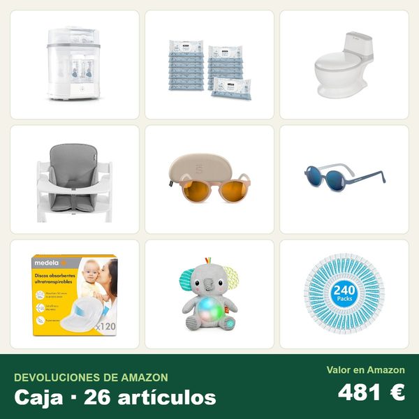 Caja de 26 devoluciones de amazon · bebé y puericultura · 481 € de valor en amazon