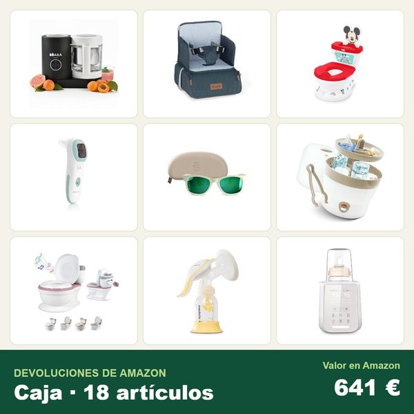 Caja de 18 devoluciones de amazon · bebé y puericultura · 641 € de valor en amazon