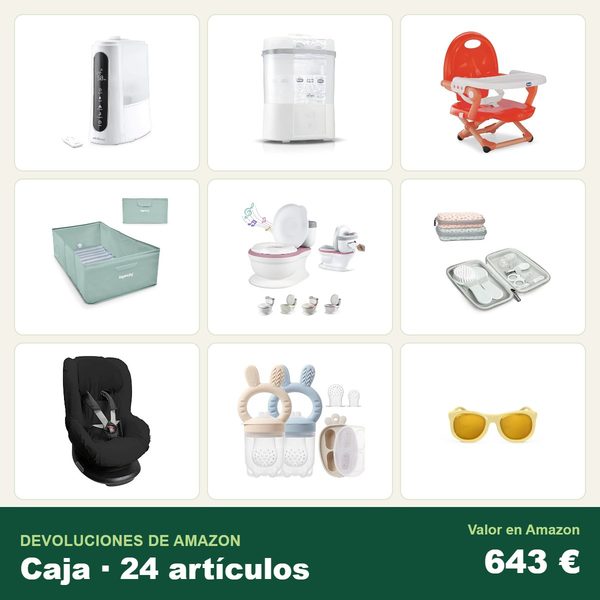 Caja de 24 devoluciones de amazon · bebé y puericultura · 643 € de valor en amazon