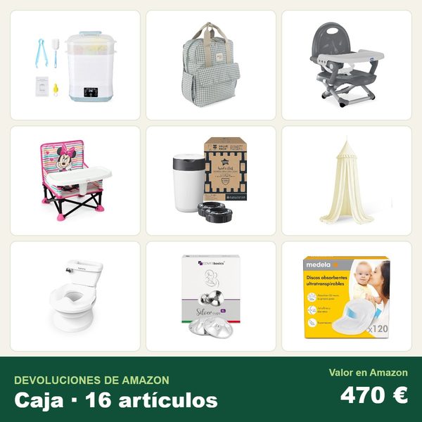 Caja de 16 devoluciones de amazon · bebé y puericultura · 470 € de valor en amazon