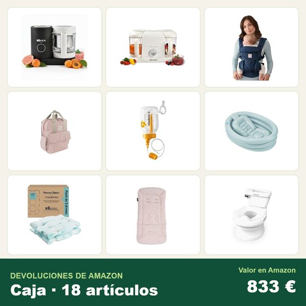 Caja de 18 devoluciones de amazon · bebé y puericultura · 833 € de valor en amazon