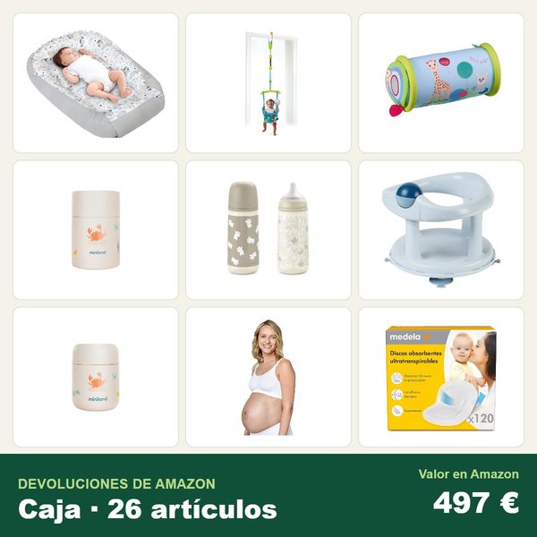 Caja de 26 devoluciones de amazon · bebé y puericultura · 497 € de valor en amazon